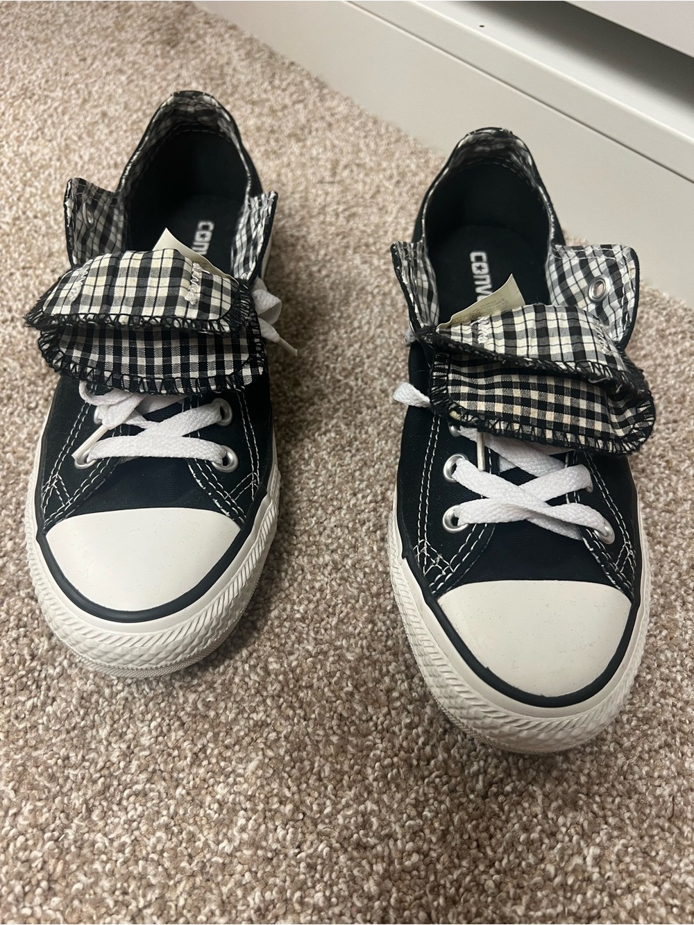 Converse Women’s Black Low-Top Sneakers with Plaid Fold-Over Tongue